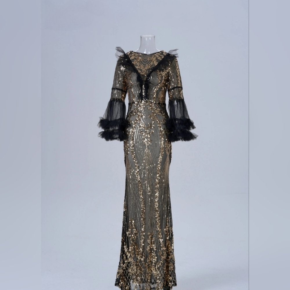 Silver Sequin Gown with V-Neck and Bishop Sleeves - Picture 7 of 15